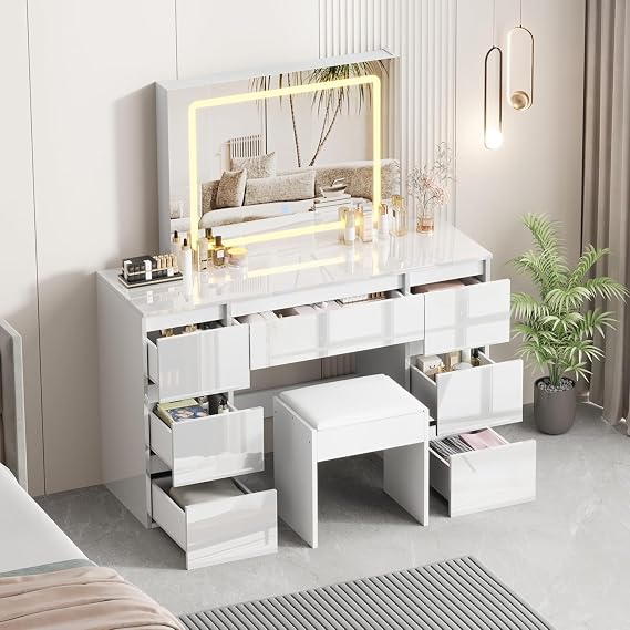 Full High Gloss Dressing Table with Mirror and Stool 7 Drawers White/Black Vanity Desk with LED Light Makeup Desk Bedroom Vanity Desk Set Ideal for Girls and Women Bedroom Furniture (White)