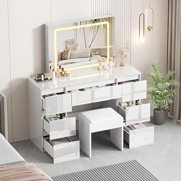 Full High Gloss Dressing Table with Mirror and Stool 7 Drawers White/Black Vanity Desk with LED Light Makeup Desk Bedroom Vanity Desk Set Ideal for Girls and Women Bedroom Furniture (White)