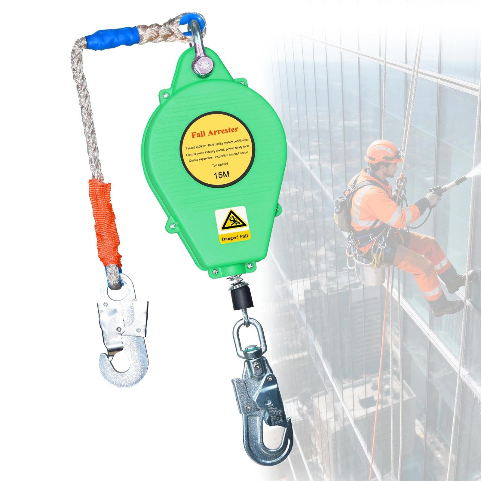 Dispositivo Anticaídas Retráctil 10m, Línea de Vida Retráctil de Seguridad, Arnés de Seguridad Anticaídas Retráctil con Gancho Autoblocante, para Trabajos Aéreos, Carga 150kg(Verde,15m)
