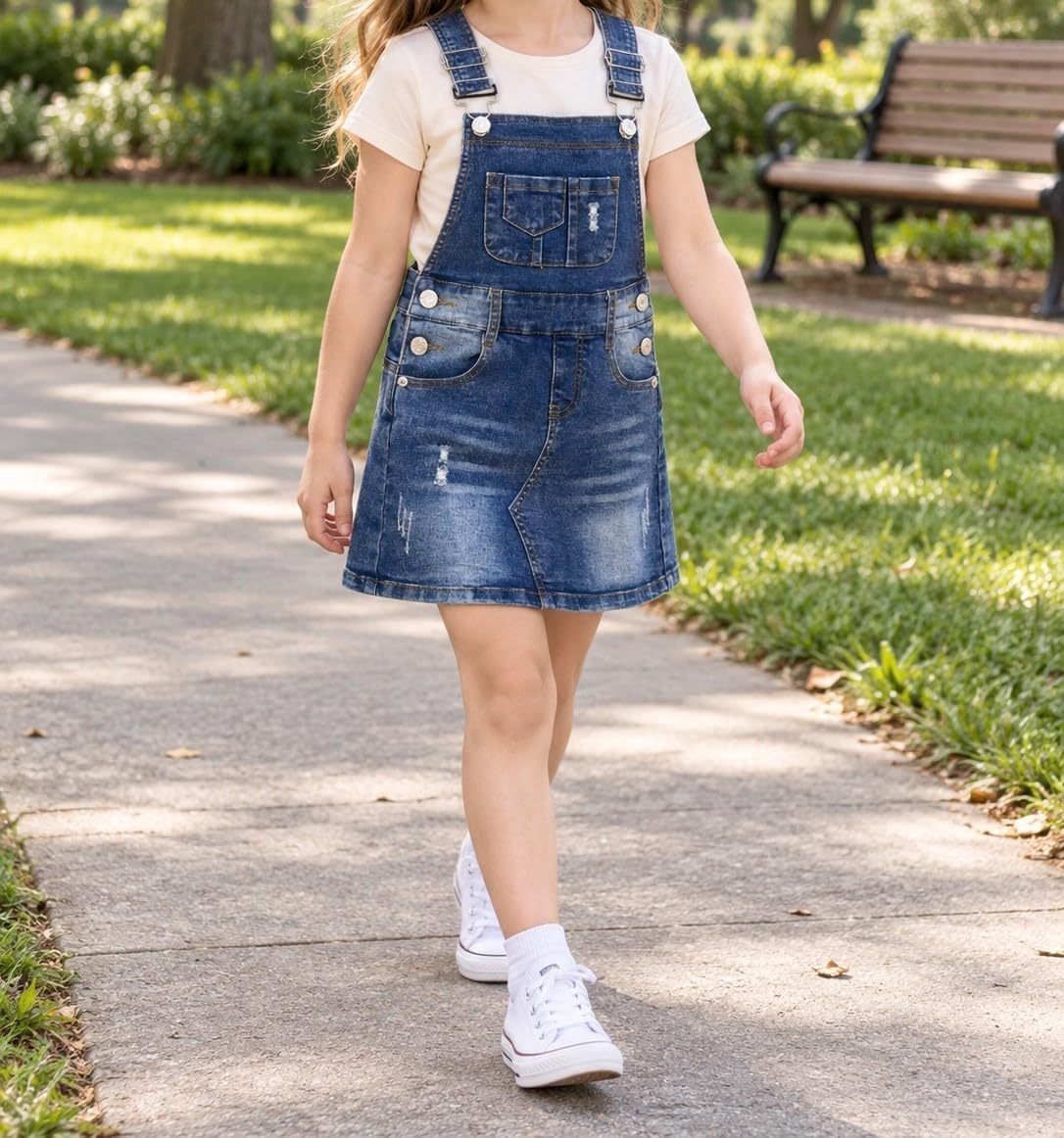 KIDSCOOL Girls Denim Jeans Overall Dress Ripped Stretchy Adjustable Straps