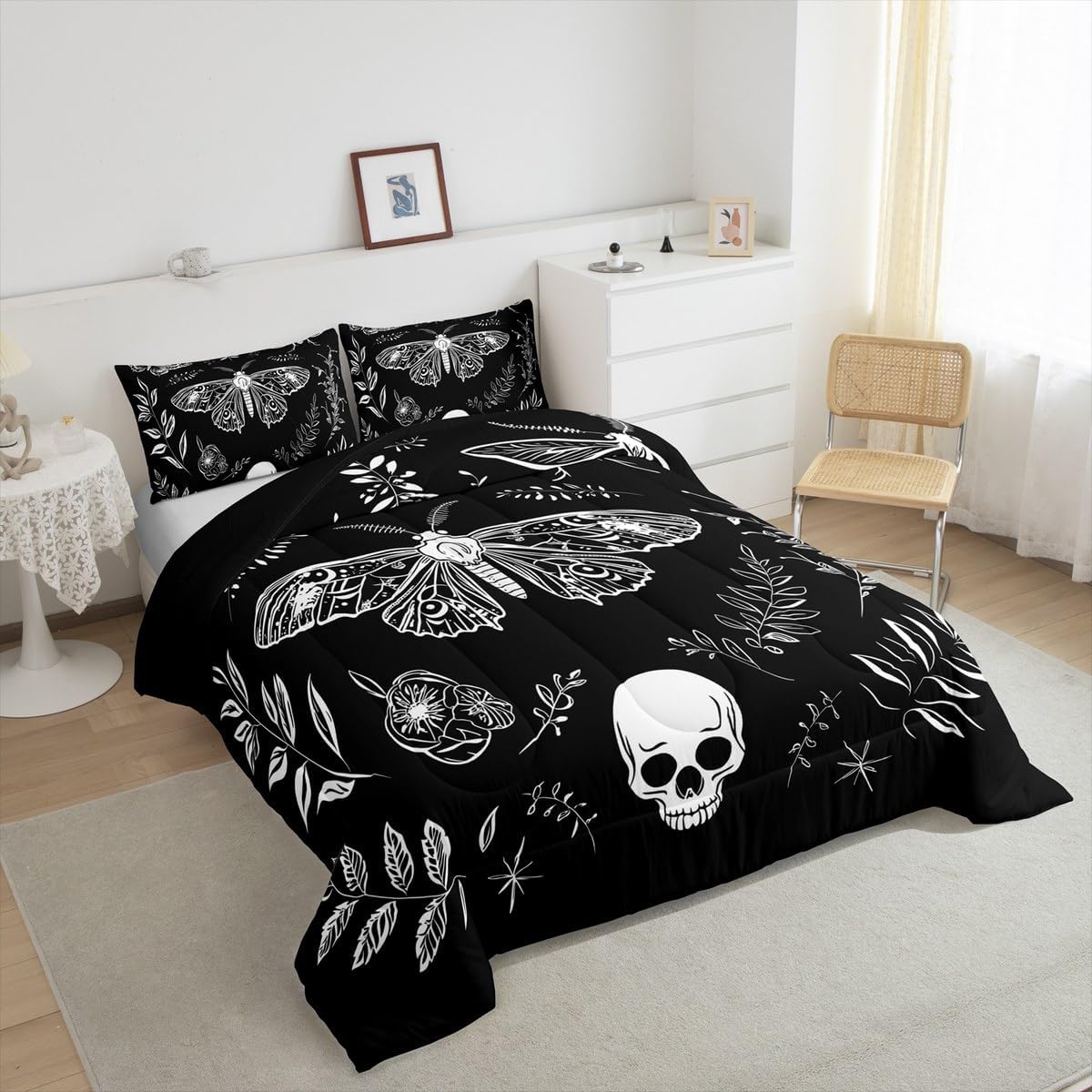 jejeloiu Death Moth Bedding Set Queen Size Kids Gothic Skull Comforter Set for Boys Girls Boho Bohemian Duvet Quilt Breathable Soft Lightweight Microfiber Room Decor，with 2 Pillow Cases