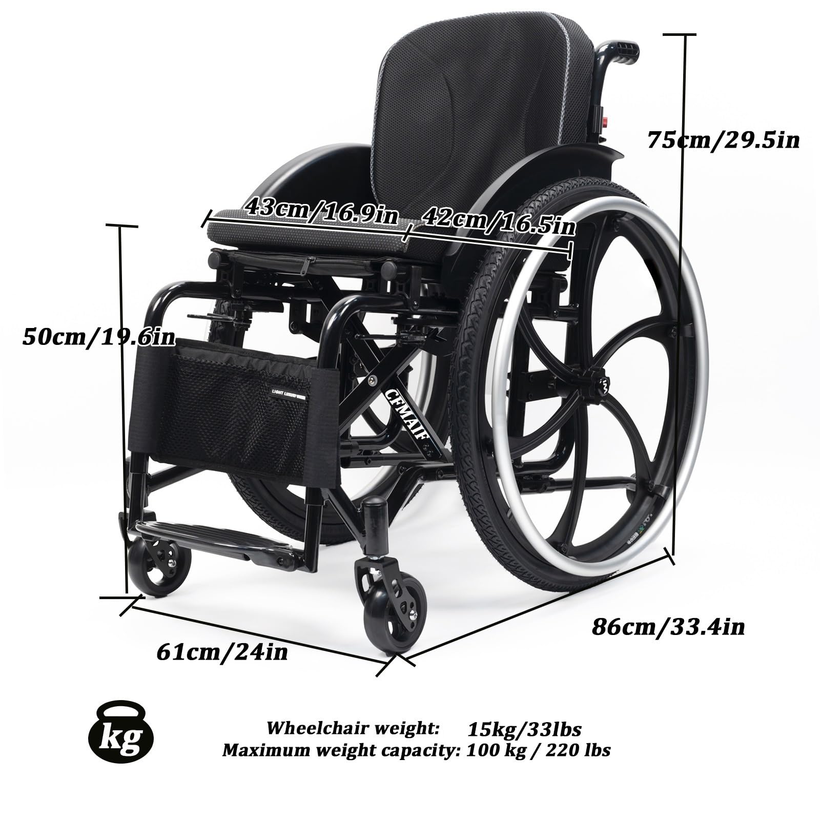 Silla de ruedas manual, Plegable, ultraligera, Aluminio, Autopropulsable,para minusválidos,Reposapiés abatibles,Frenos de mano(Sports,43cm/16.9in Seat)