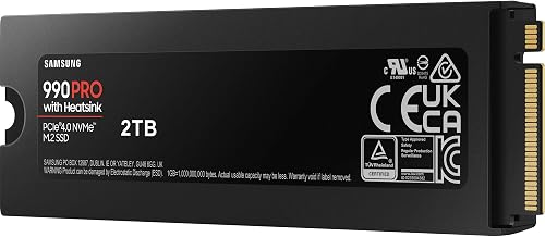 Samsung 990 PRO Heatsink NVMe M.2 SSD with heat sink, 2 TB, PCIe 4.0, 7,450 MB/s read, 6,900 MB/s write, Internal SSD with RGB for PC/console gaming and video editing, MZ-V9P2T0CW - 7