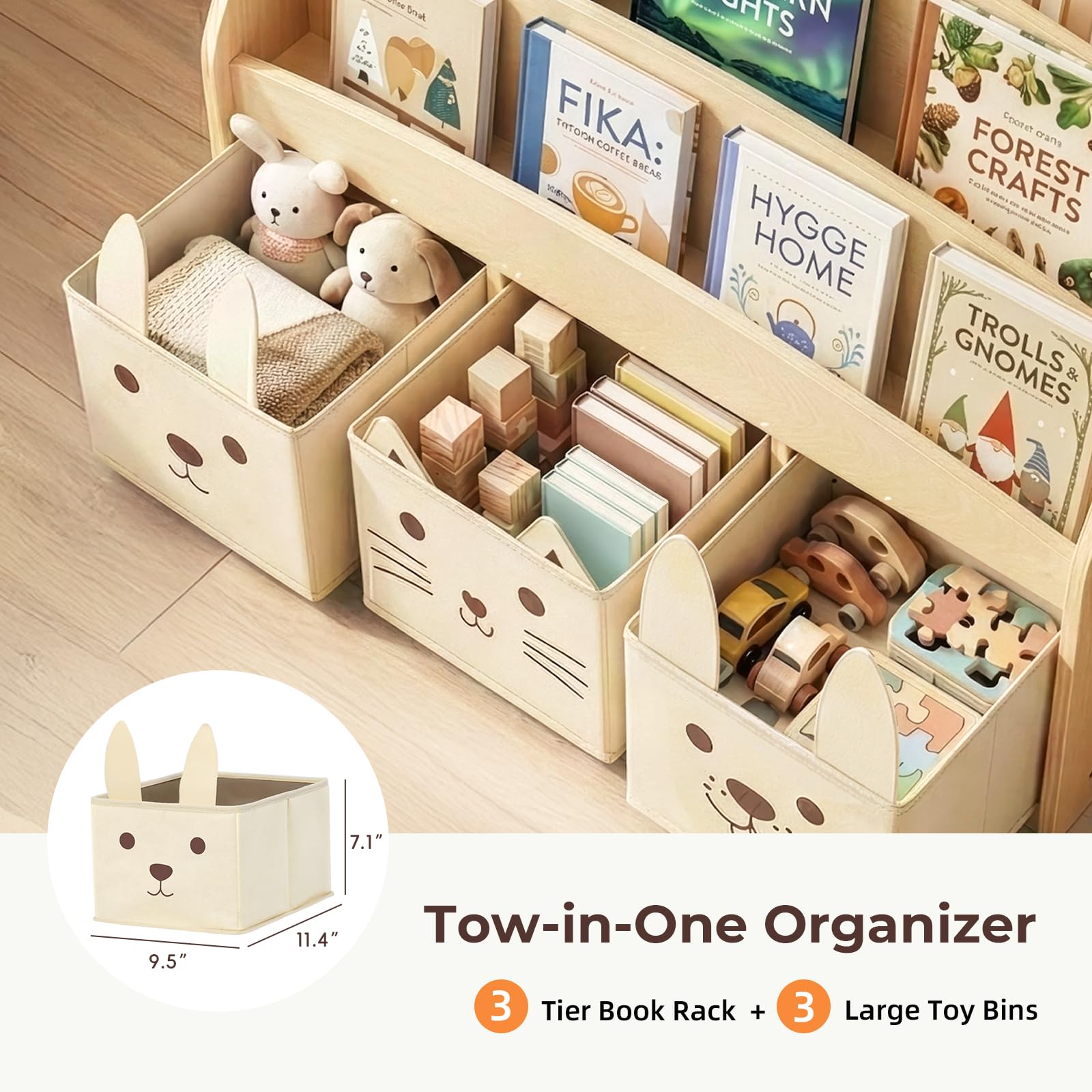 OOOK 3-Tier Kids Bookshelf with 3 Removable Fabric Storage Bins, Front Facing Toddler Montessori Bookshelf, Wooden Bookcase for Kidsroom, Classroom, Playroom, Nursery - 4