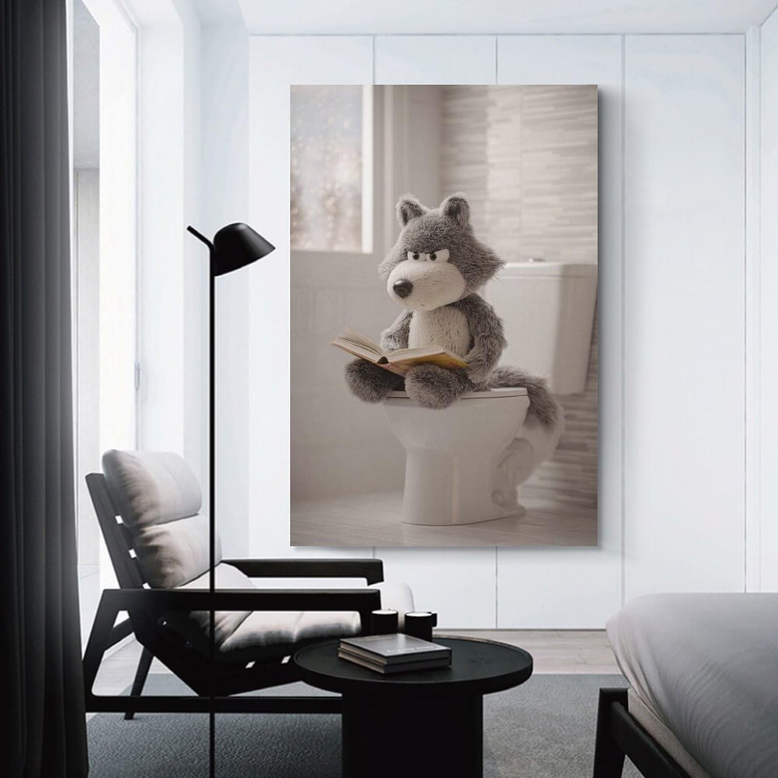 Junmoney Wolf Plush Reading on Toilet Wall Art Print, 24x36inch(60x90cm), for Entryway, Lounge Links Or Small Walls, Decorative Wall Art for Narrow Spaces
