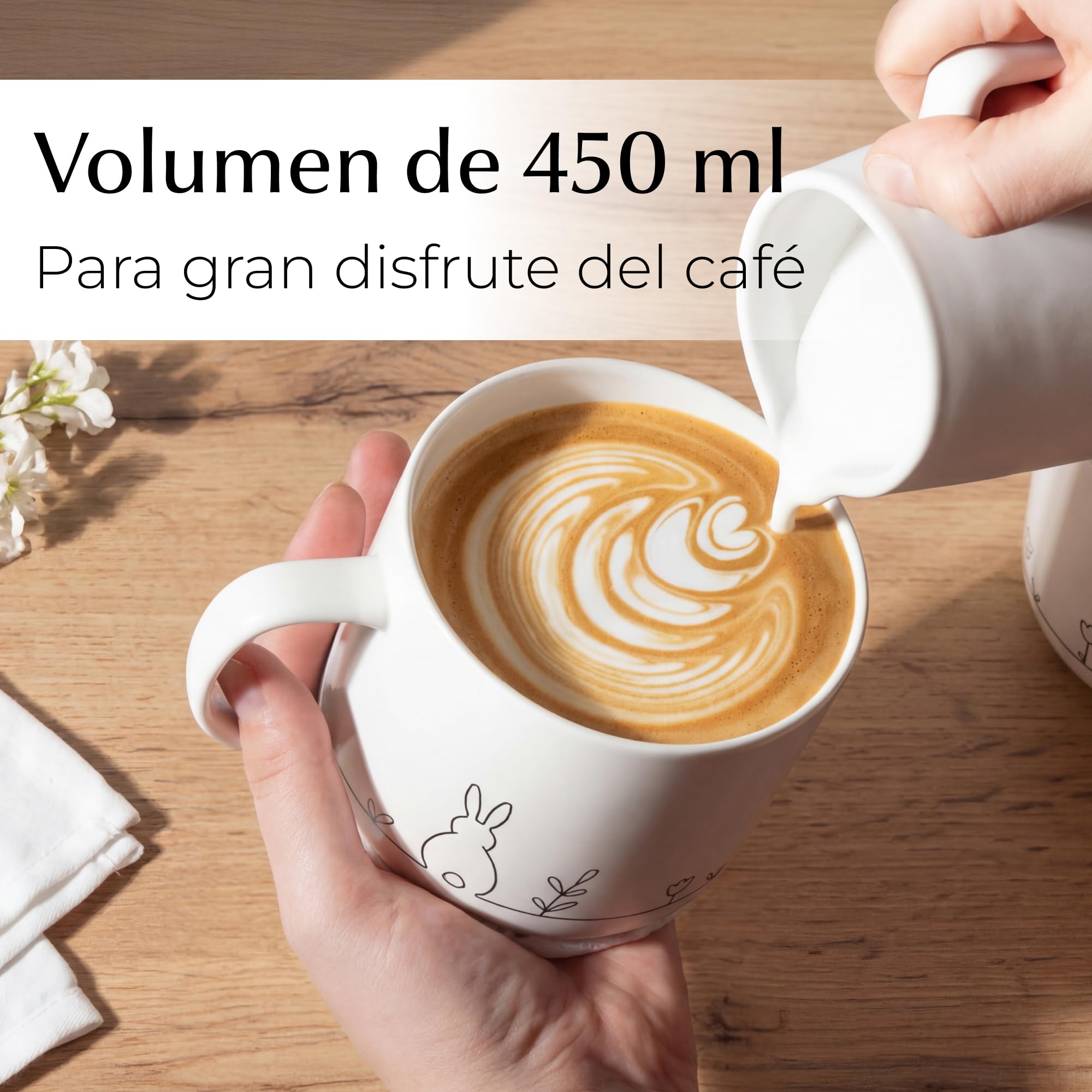 MIAMIO – Juego de tazas de primavera / 4 tazas de café de cerámica de 450 ml en colores pastel/tazas grandes de café y té con un diseño moderno – Regalo en Pascua y primavera (White)