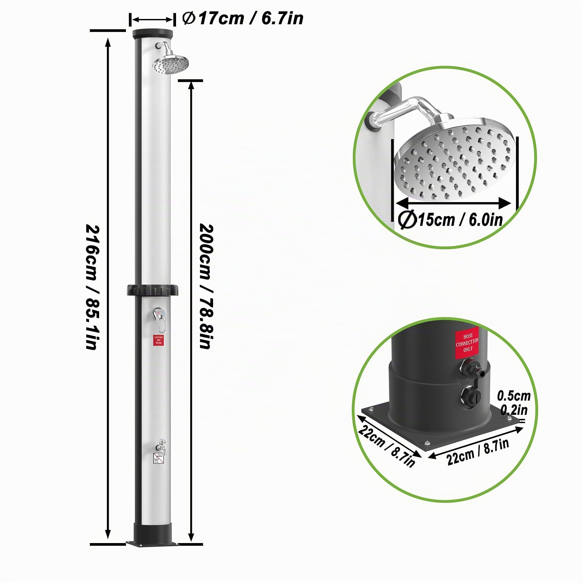 UISEBRT Ducha solar de 40 litros, ducha solar de jardín de 216 cm de alto, cabezal de ducha de lluvia giratorio, máx. 60 °C, ducha exterior con grifo y juego de conexión para piscina, jardín y camping