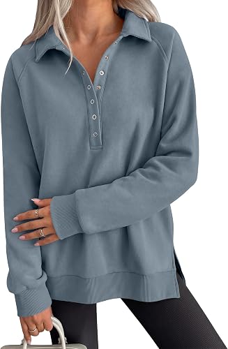 ANRABESS Women's Oversized Button Up Henley Sweatshirts | Collared V Neck Long Sleeve Hoodies Shirt，Cozy Fleece Pullover Top, Casual Fall Outfits，Side Slit,College Teen Preppy Clothes