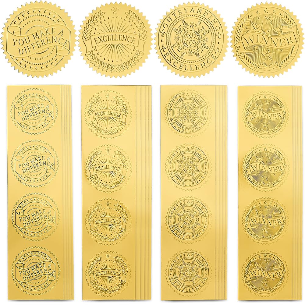 CRASPIRE 160Pcs 4 Style Gold Stickers Winner Certificate Excellence Banner Embossed Foil 2" Self Adhesive Envelopes Seals Round Labels for Graduation