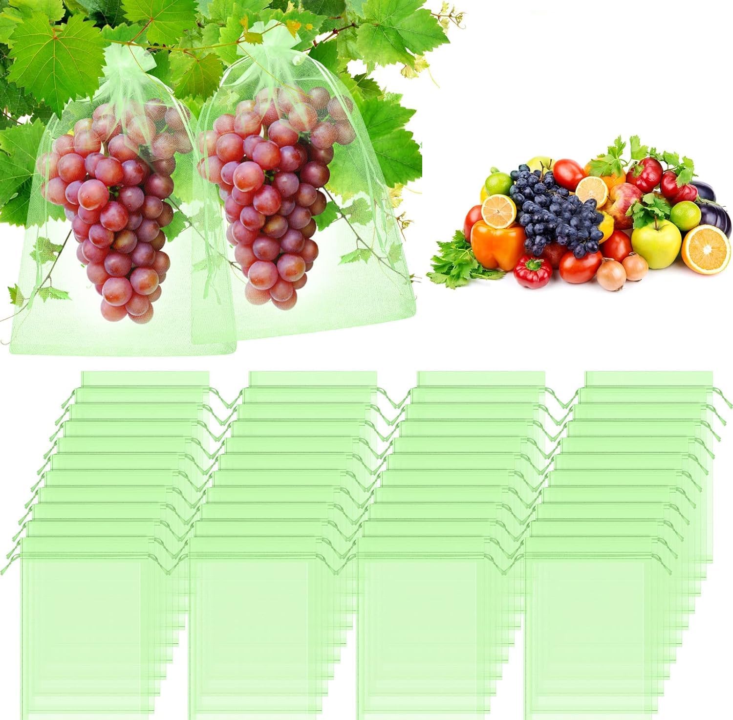 Aowin Fruit Protection Netting Bags - Reusable Garden Mesh Cover With Drawstring for Protecting Fruits, Plants, Flowers, Vegetables (50 Pcs, 20x30cm, Green)