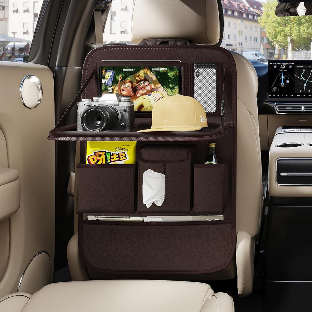 GMQ Back Seat Car Organizer 1 Pack,Backseat Organizer with Tray,Multifunctional Car Seat Back Storage Box with Foldable Tablet Holder (Coffee, Plain weave)