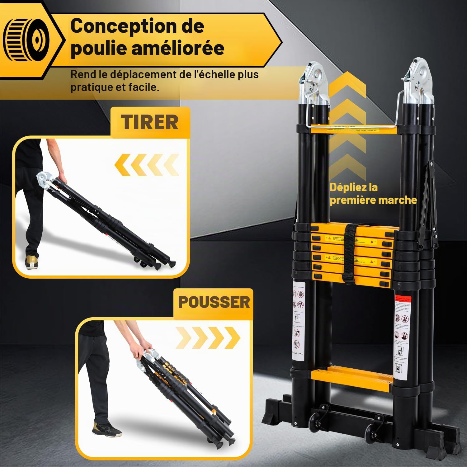 Ikodm Échelle télescopique pliante en aluminium 5 m, avec doubles roues amovibles, charge maximale : 150 kg, multifonction, antidérapante, couleur : noir et jaune