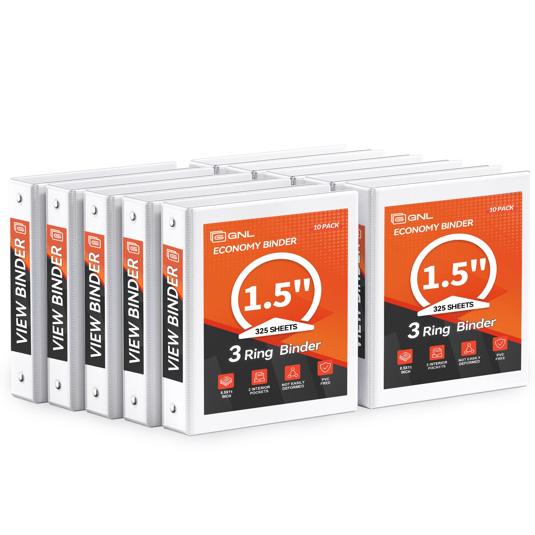 Photo 1 of GNL 1.5 Inch 3 Ring Binders Economy 10 Packs White, 1 1/2" Three Ring (Fits 325 Sheets of 8.5x11 Paper) Clear View PVC-Free & Non-Stick for School or Office Supplies