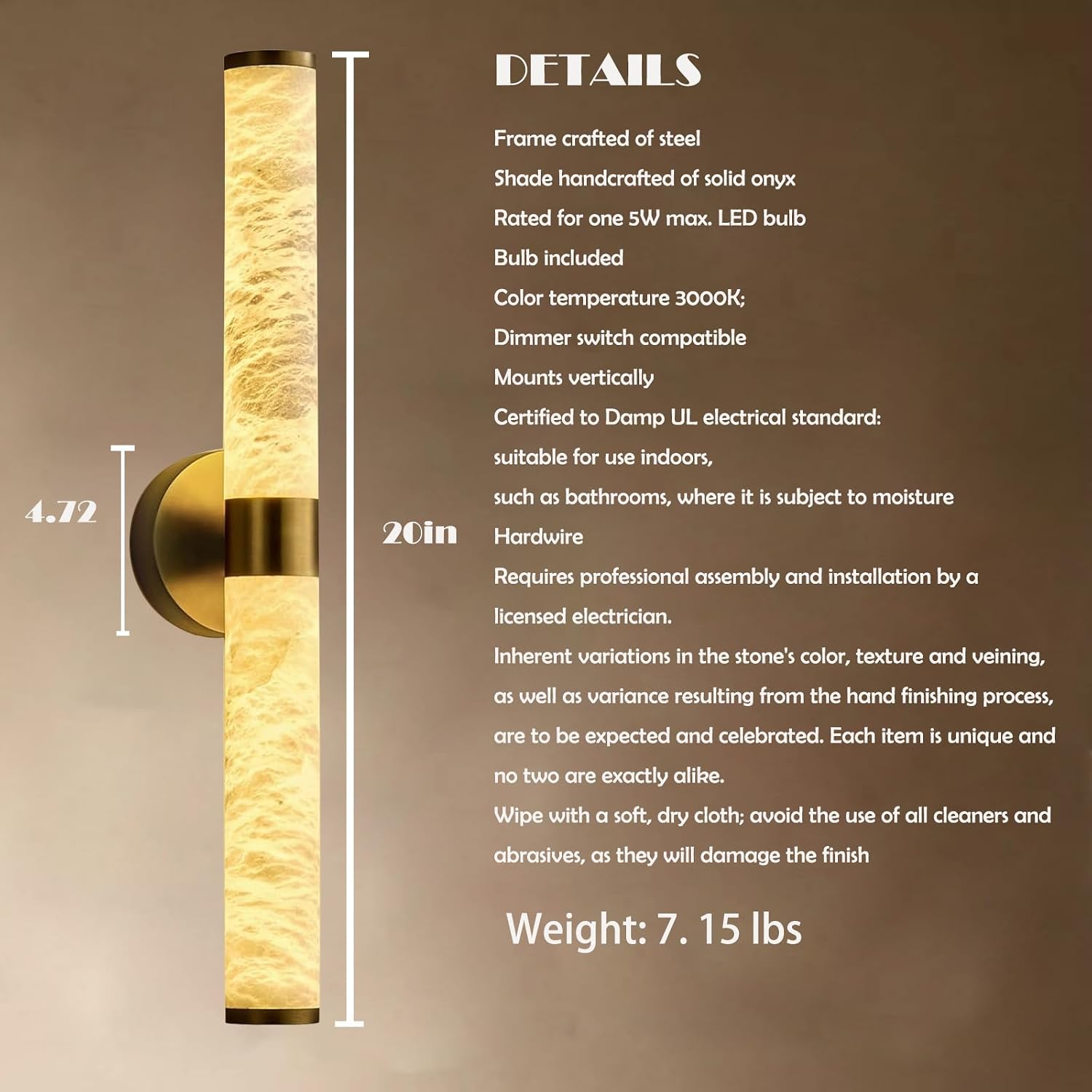 Alabaster Wall Sconce, 23.6" Gold Wall Sconce, Brass Alabaster Single Sconces, Gold Modern Bathroom Sconces, Indoor Wall Lighting for Living Room, Bedroom, Hallway, Staircase