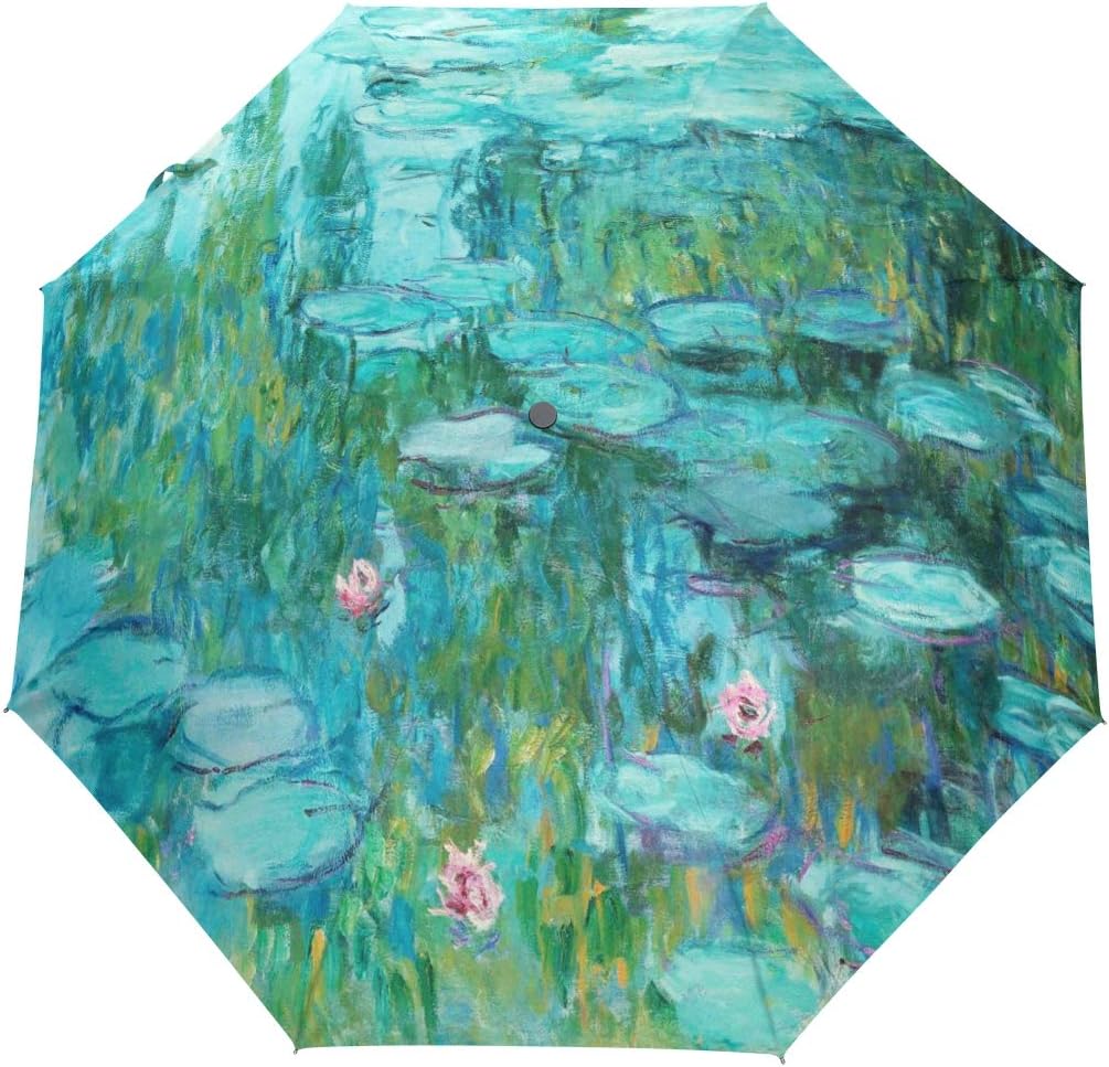 WOOR Oil Painting Windproof Travel Umbrellas Auto Open Close 3 Folding Strong Durable Compact Rain Umbrella UV Protection Portable Lightweight Easy Carrying