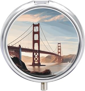 Golden Gate Bridge Round Pill Box 3 Compartment Small Pill Box Round Portable Pill Case to Hold Vitamins Medication Fish Oil and Supplements Travel Purse Pocket Gift