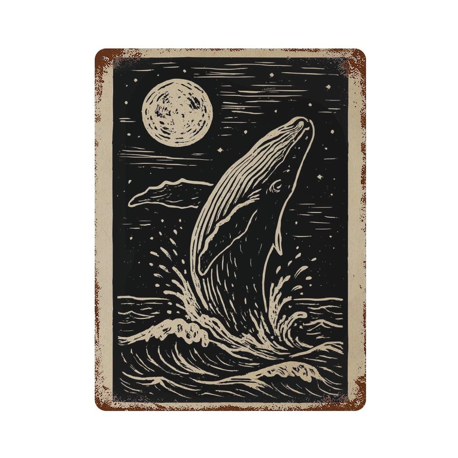 Rust Effect Whale Breaching at Night Linocut Art Decorative Tin Sign 15.7"x11.8", Vintage Wall Decor for Farmhouse, Kitchen And Entryway Decor