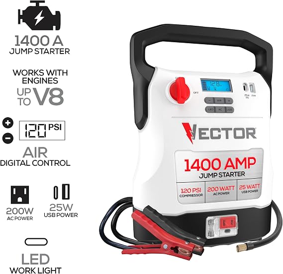 Vector 1400 Peak Amp Jump Starter with 120 PSI Compressor & USB-C & USB-A Power