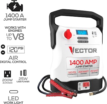 Vector 1400 Peak Amp Jump Starter with 120 PSI Compressor & USB-C & USB-A Power