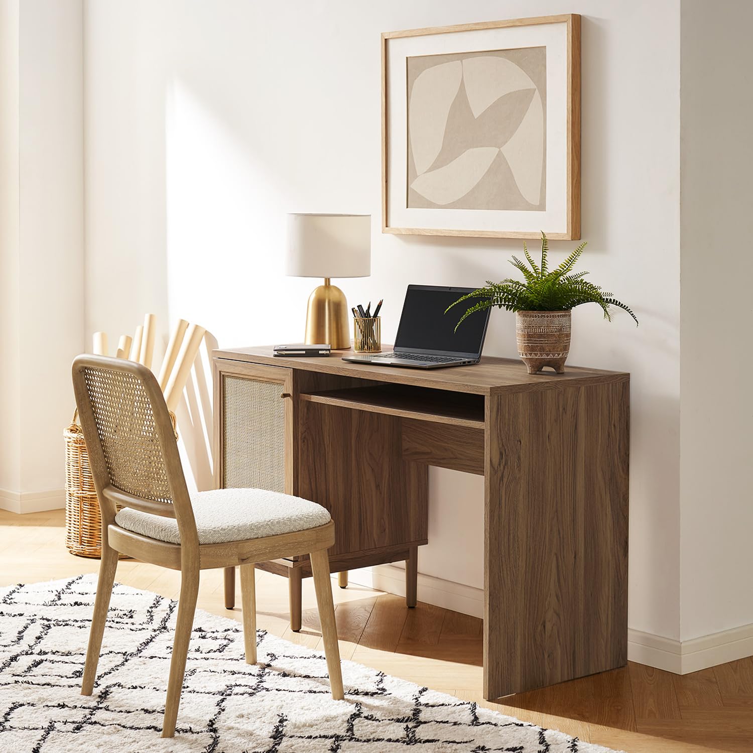 mopio Haylee Boho Farmhouse Writing Desk, with Natural Rattan Exterior Door, Ample Storage, Adjustable Shelves, for Study, Vanity, Makeup, & Work, in Bedroom, Home Office