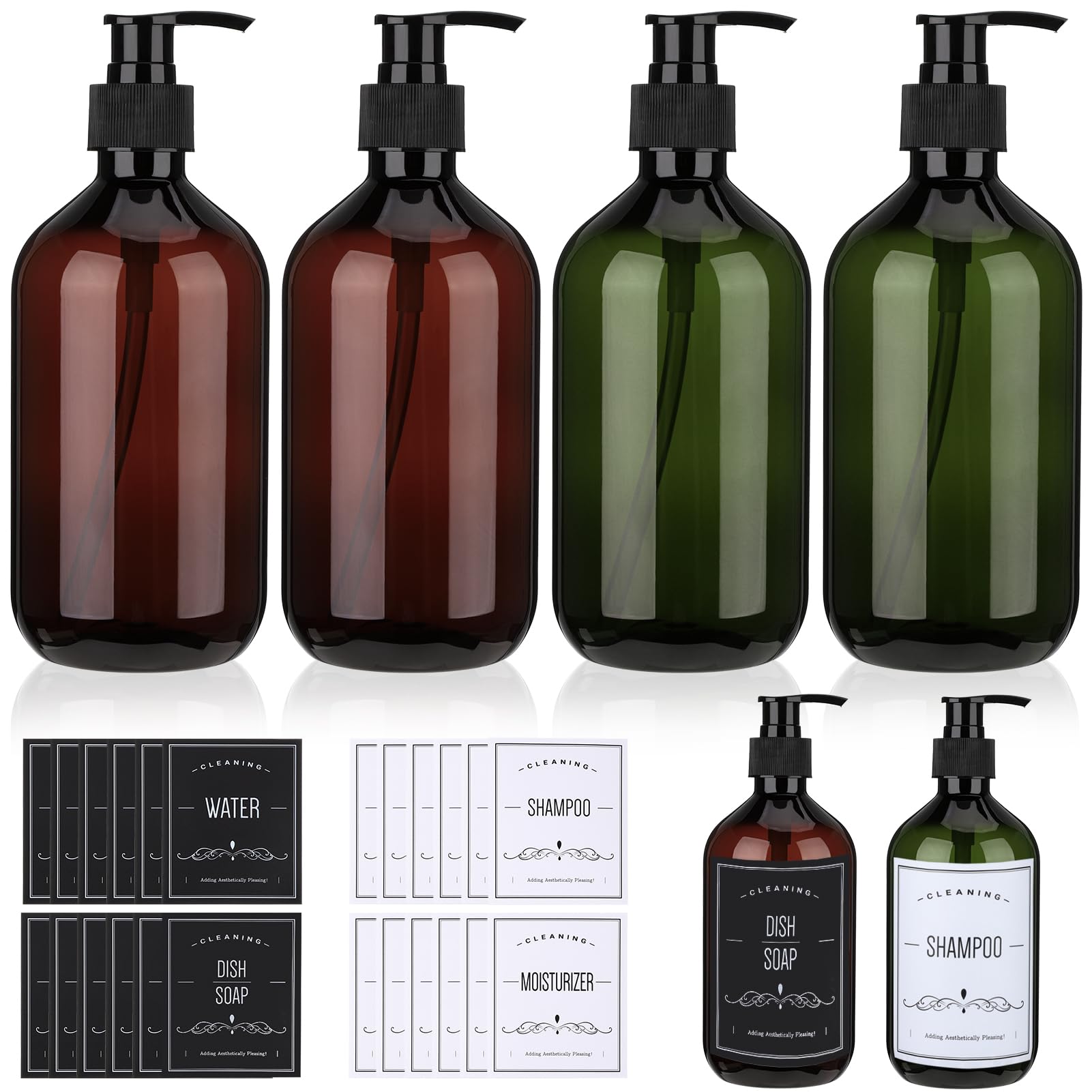 4-Piece Pump Dispenser Set, 500ml Empty Plastic Soap Dispenser with Labels, Refillable Shampoo & Conditioner Bottles with Pump for Lotion, Shower Gel