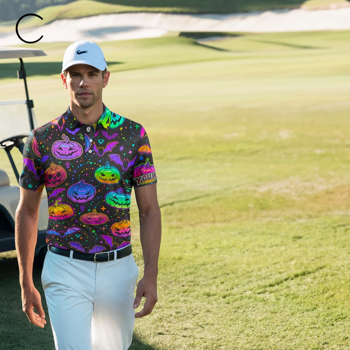 Funny Men's Golf Polo Shirt - Colorful Neon Design on Black Halloween Background - Custom Golf Apparel for Men Performance Golf Polo Shirt Personalized N6153