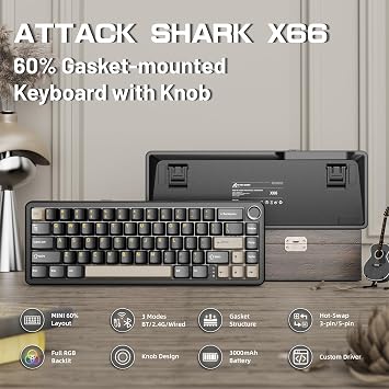 Attack Shark X66 60% Wireless Mechanical Gaming Keyboard with Volume Knob and A.Jazz AJ159APEX 8Khz Wireless Gaming Mouse Ultralight 56g with Magnetic Screen Charging Dock Combo Set(Star Black)
