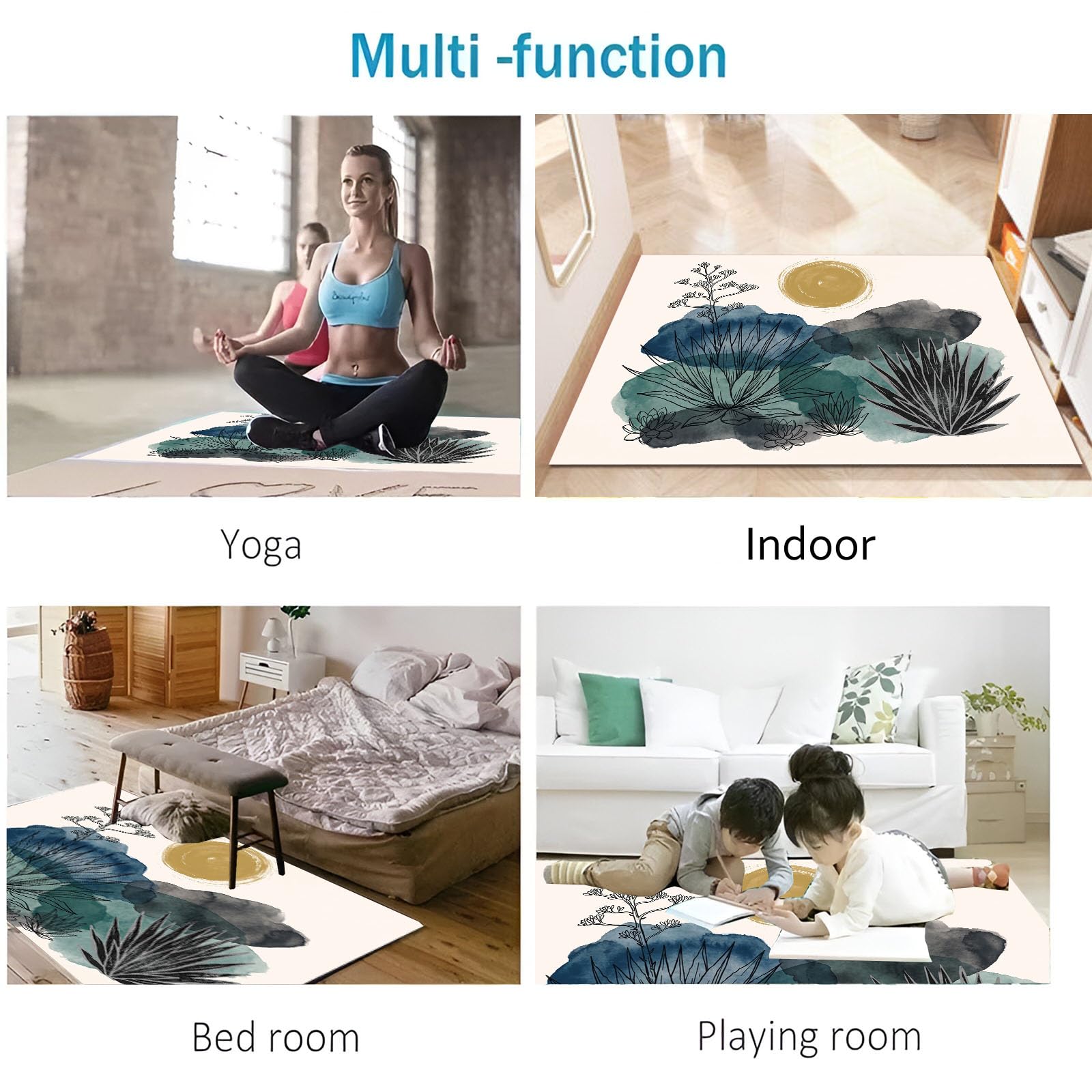 Kaktusillustrationen Fußmatte 80 X 120 cm, Böhmische Pflanzen Anti Rutsch Matte Waschbar Fussmatte | Kaktusillustrationenteppich Für Flur Küche Haustiere - Seegrün