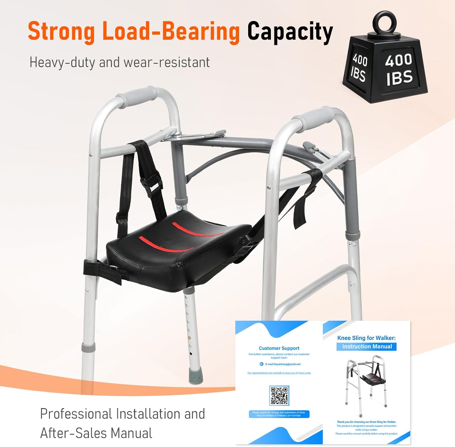 Knee Sling Attachment for Walker with Support Pads | 4.0 Adjustable Safety Lift Leg Comfort - Ergonomically Designed Foot Injuries Fits Almost All Walkers 300 LBS Weight Capacity