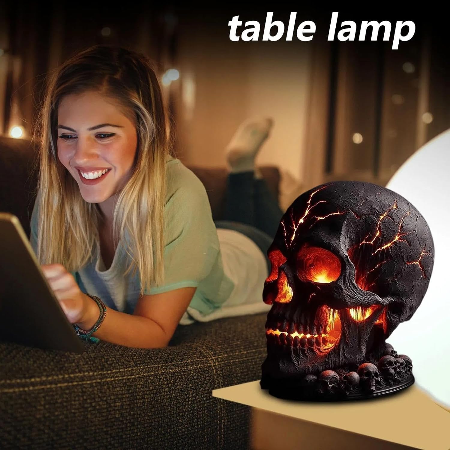 Lava Stone Skull Table Lamp, Gothic Spooky LED Desk Light, Halloween Party Room Decor