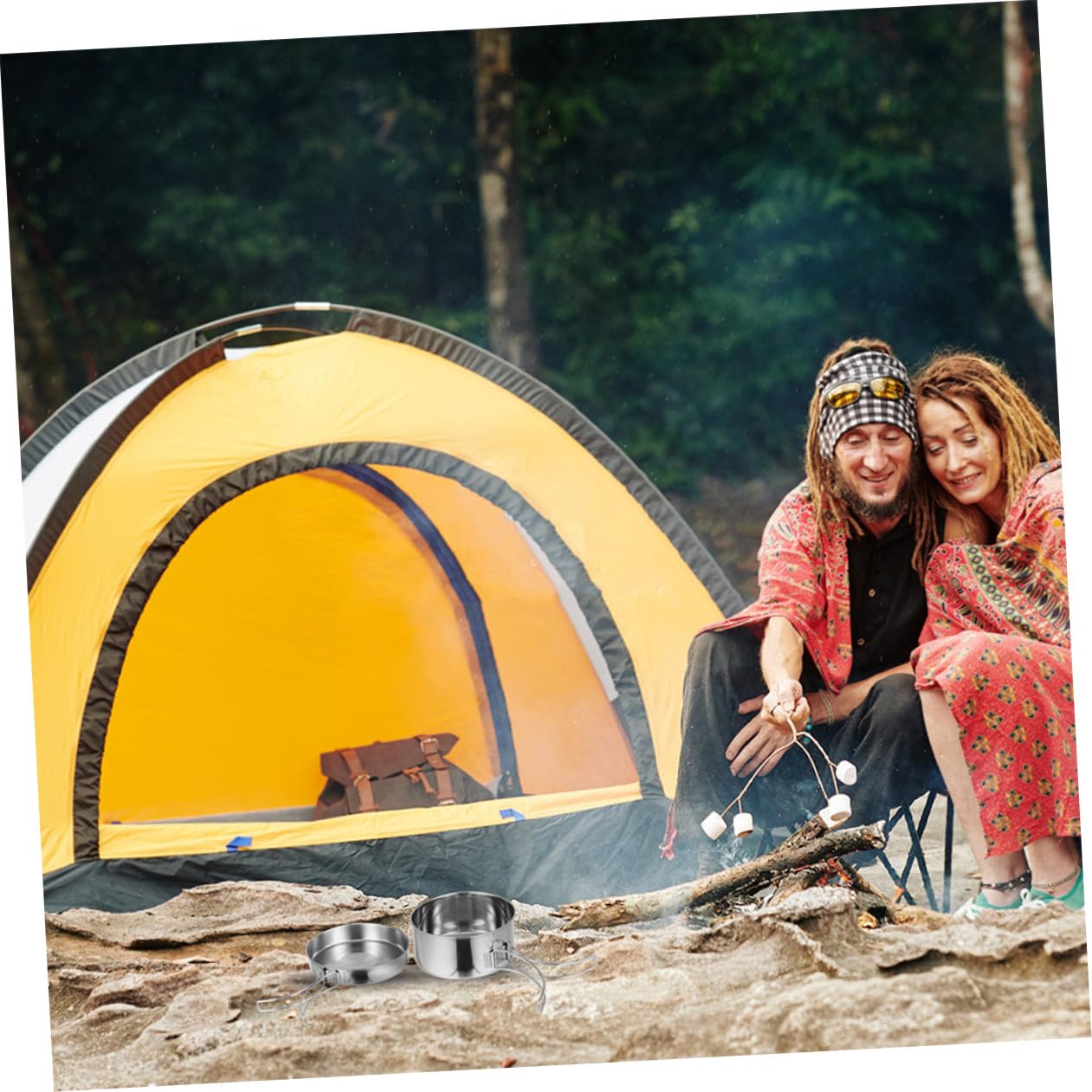 VICASKY Kit de Casseroles en Acier Inoxydable Pliable pour Camping et Randonnée, 8 Pièces Résistantes à l'usure, Ensemble Portable pour 5-6 Personnes en Plein Air