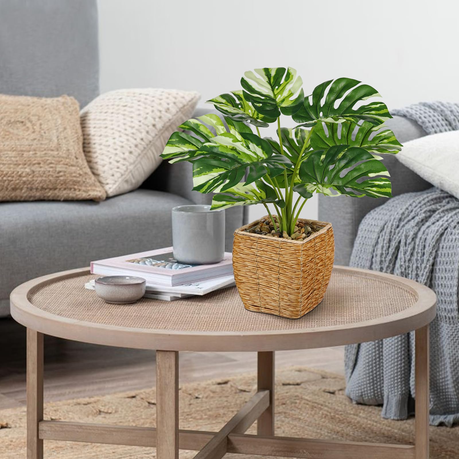 39CM Artificial Plants Rubber Plant Variegated Monstera in Woven Basket - Image 4