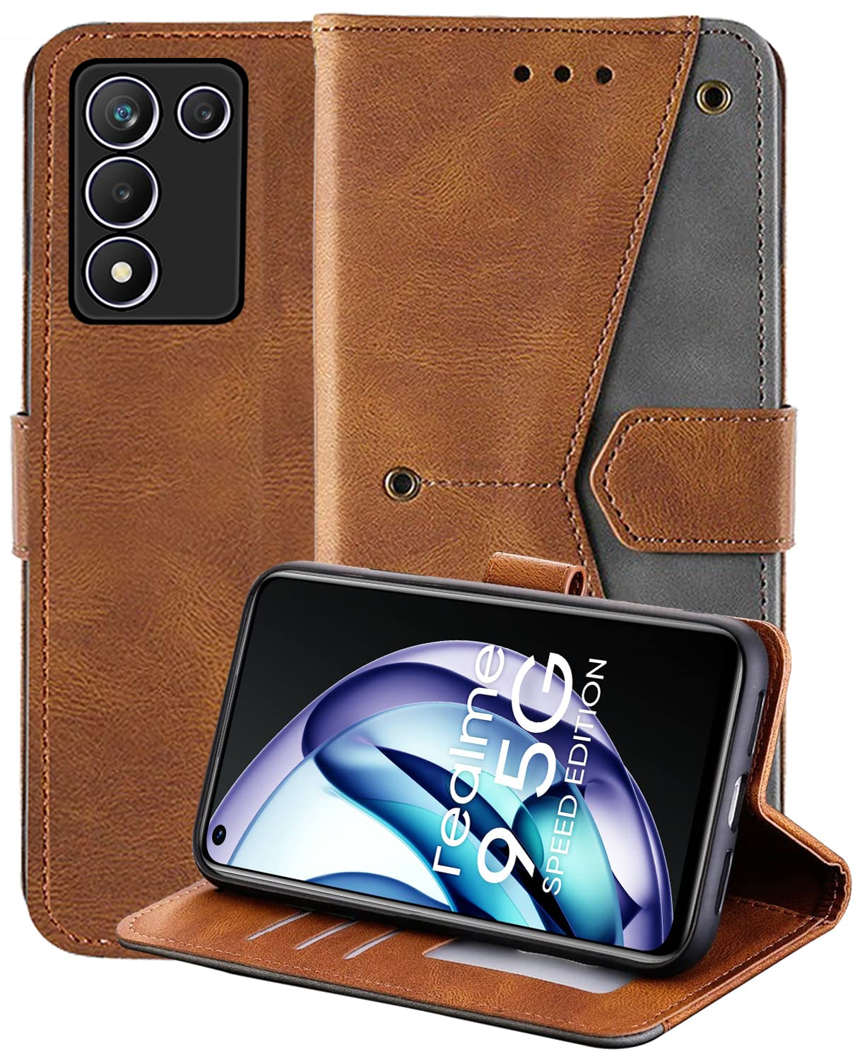AUTO FOCUS Faux Leather Back Case Flip Cover for Realme 9 5G SE with ID Card Slot | Foldable Stand | 2 ID Card Slot | 1 Cash Slot - Executive Brown, 20140-image-39