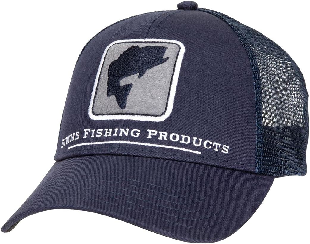 Simms Bass Icon Trucker Hat, Snapback Cap with Fish, Admiral Steel
