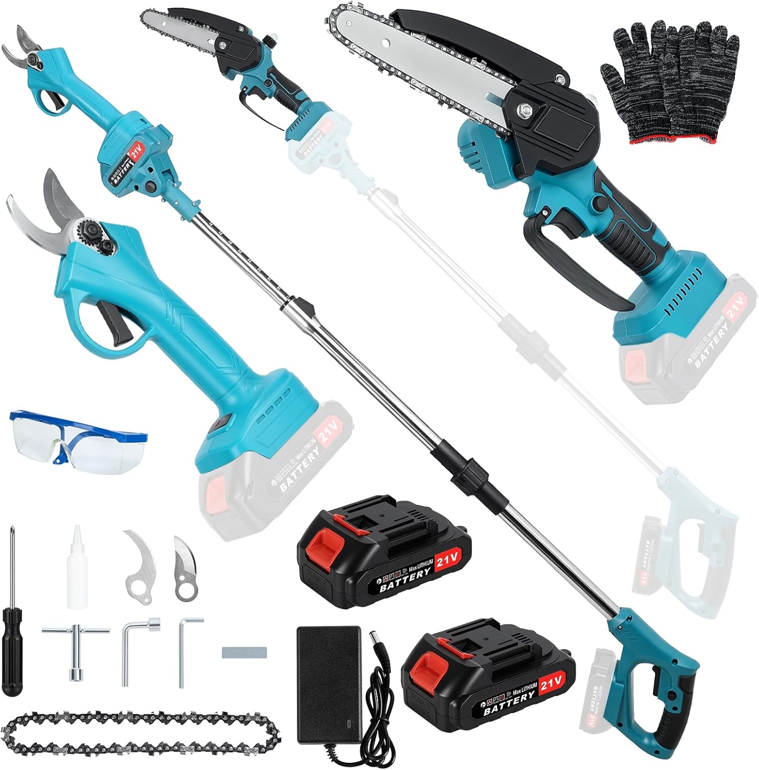 3-in-1 Electric Pole Saw, Cordless Tree Pruner, Long Reach Mini Chainsaw, Electric Pruning Shears with 90-120cm Extension Pole, 21V Battery Powered Yard Garden Branch Trimming Tool Kit Blue