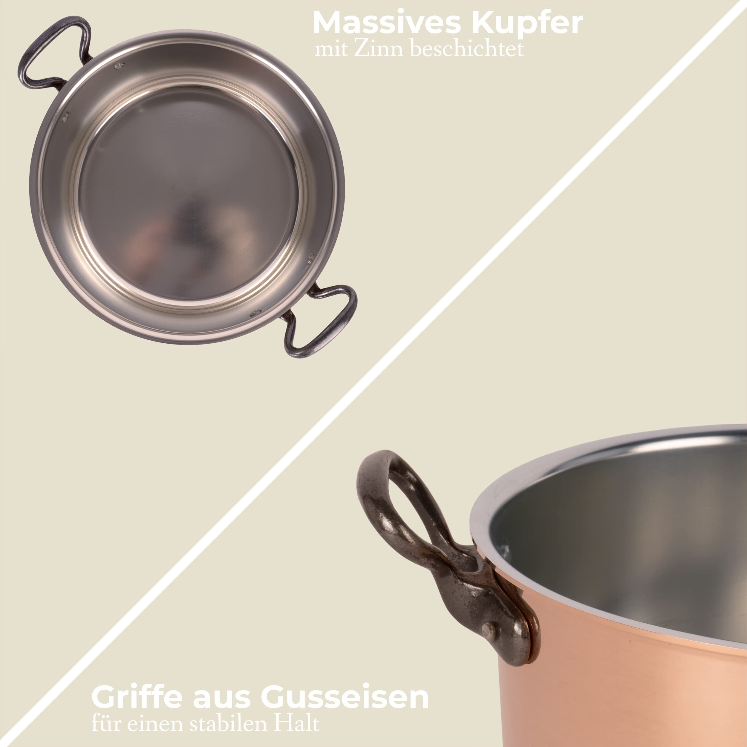 Kupfertopf verzinnt mit Gusseisengriff und Deckel Ø 16 cm | traditioneller Schmortopf aus massivem Kupfer | Bratentopf aus Frankreich ideal für Suppen und Eintöpfe (16 cm)