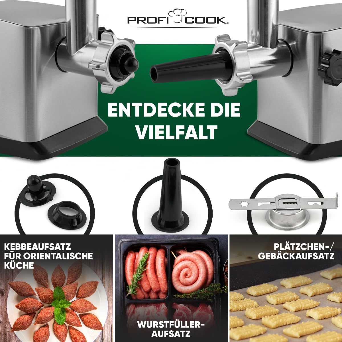 Tritacarne ProfiCook® 1200W | con attacco per biscotti/pasticceria | tritacarne elettrico | avanti e indietro | incluso insaccatore per salsicce | collo in metallo e vite senza fine | PC-FW 1272