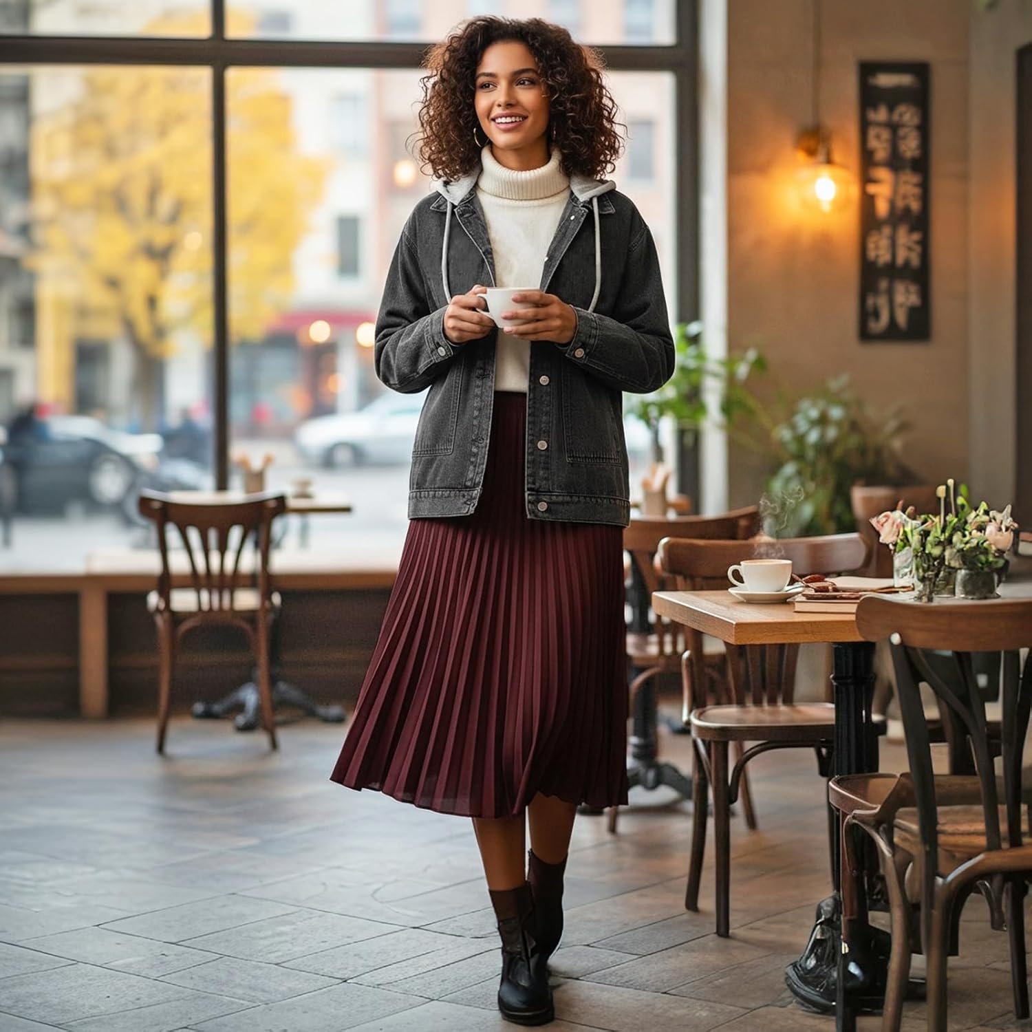 Women's Denim Jacket with Detachable Hood Oversized Long Sleeve Jean Jacket Casual Button Down Coats - Image 3