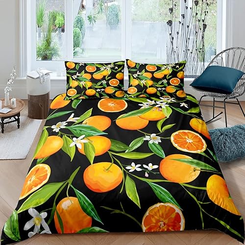Feelyou Juego de funda de edredón de frutas naranjas frescas y vibrantes para niños y niñas, juego de funda de edredón de dibujos animados de frutas