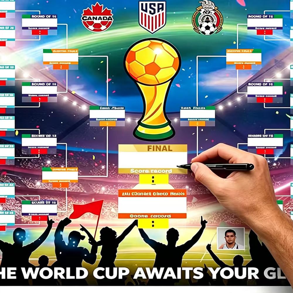 Poster 2026 con 2 penne, pianificatore di calcio, 84 x 60 cm, pianificazione del mondo 2026, poster per decorazione, contiene 48 squadre di gruppo Knockout e finale, tutti i risultati dei giochi