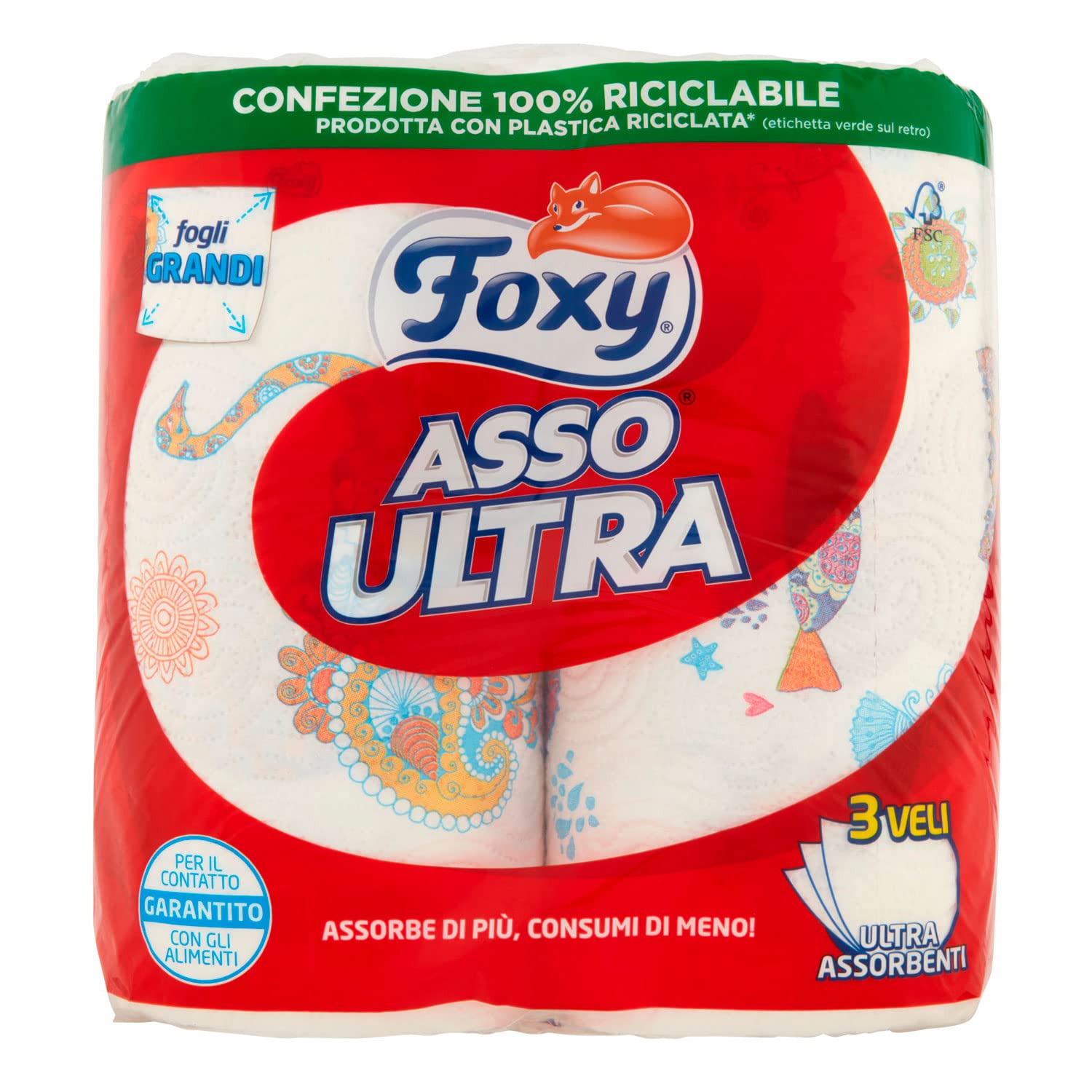 Foxy As Ultra | Sèche-linge 24 rouleaux | Voiles Plus absorbants et résistants | Décoré|100% Énergie électrique renouvelable| Emballage recyclable fabriqué en plastique recyclé