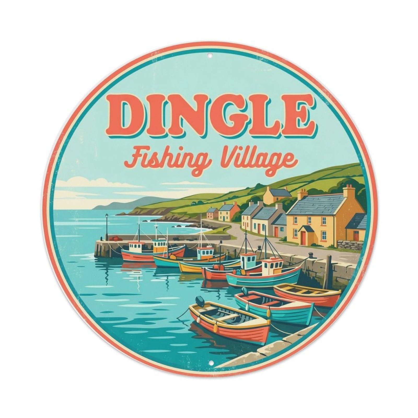Vintage Travel Dingle Harbour Town Metal Tin Sign Plaque Wall Decor for Cafe, Club Bar, Office, Home Garden Round Metal Poster 8x8Inch