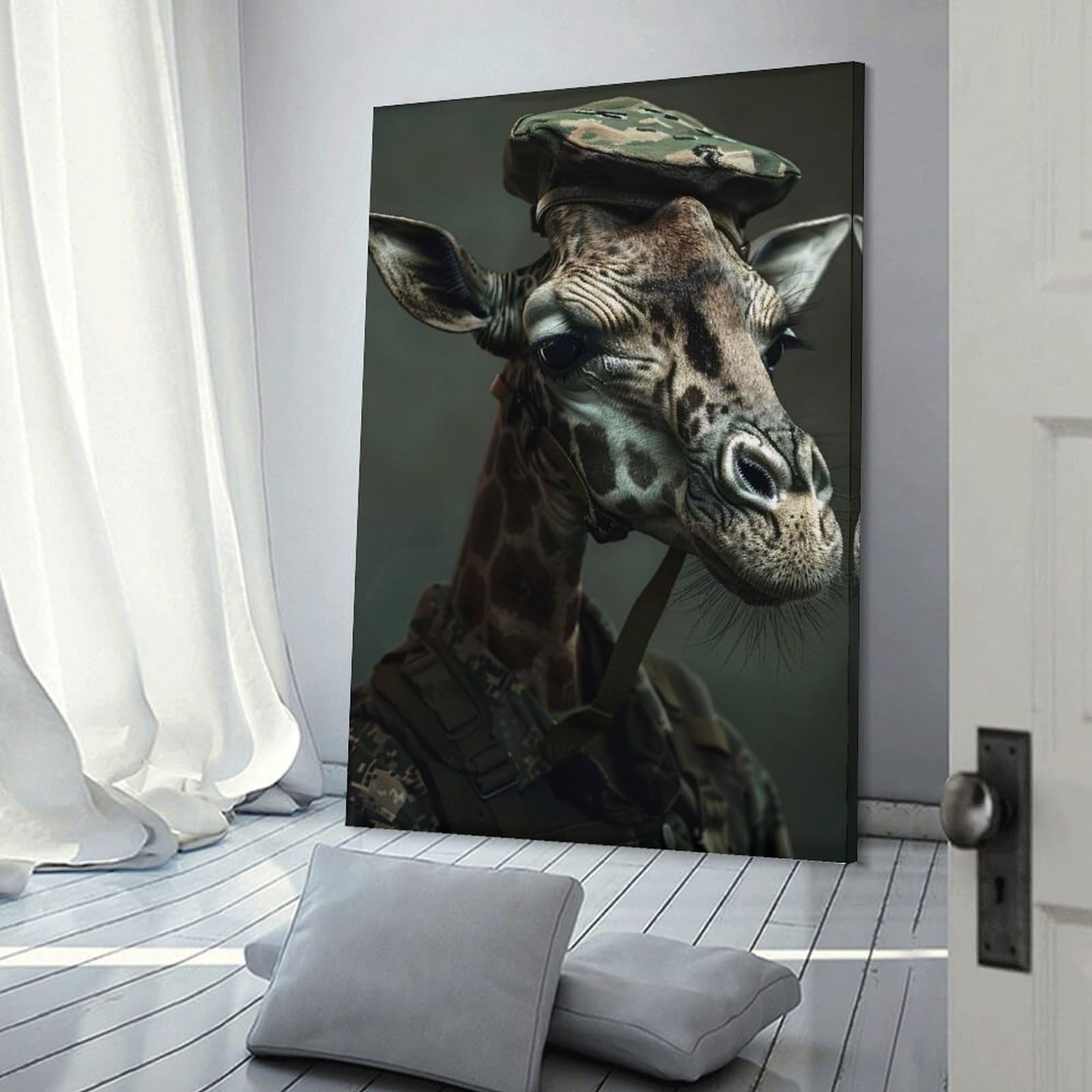 Junmoney Wall Decor Canvas Print Military Giraffe Portrait, 20x30inch(50x75cm), for Study, Office Or Apartment Decor, Canvas Artwork with Gifting Potential