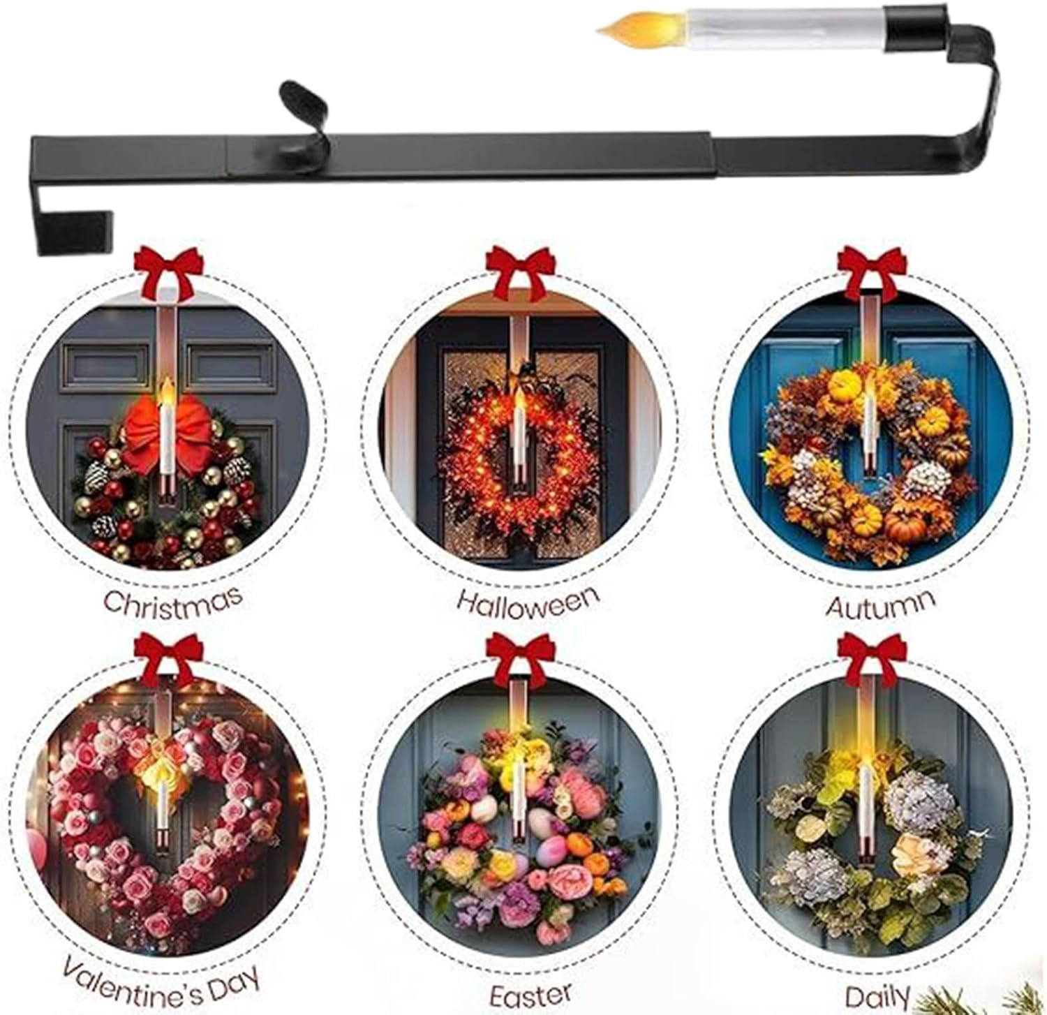 Wreath Hanger with LED Candlestick Holder, Black Metal Door Hanger for Christmas Garland, Adjustable Adhesive Hook for Front Door, 40cm 66cm Stainless Steel