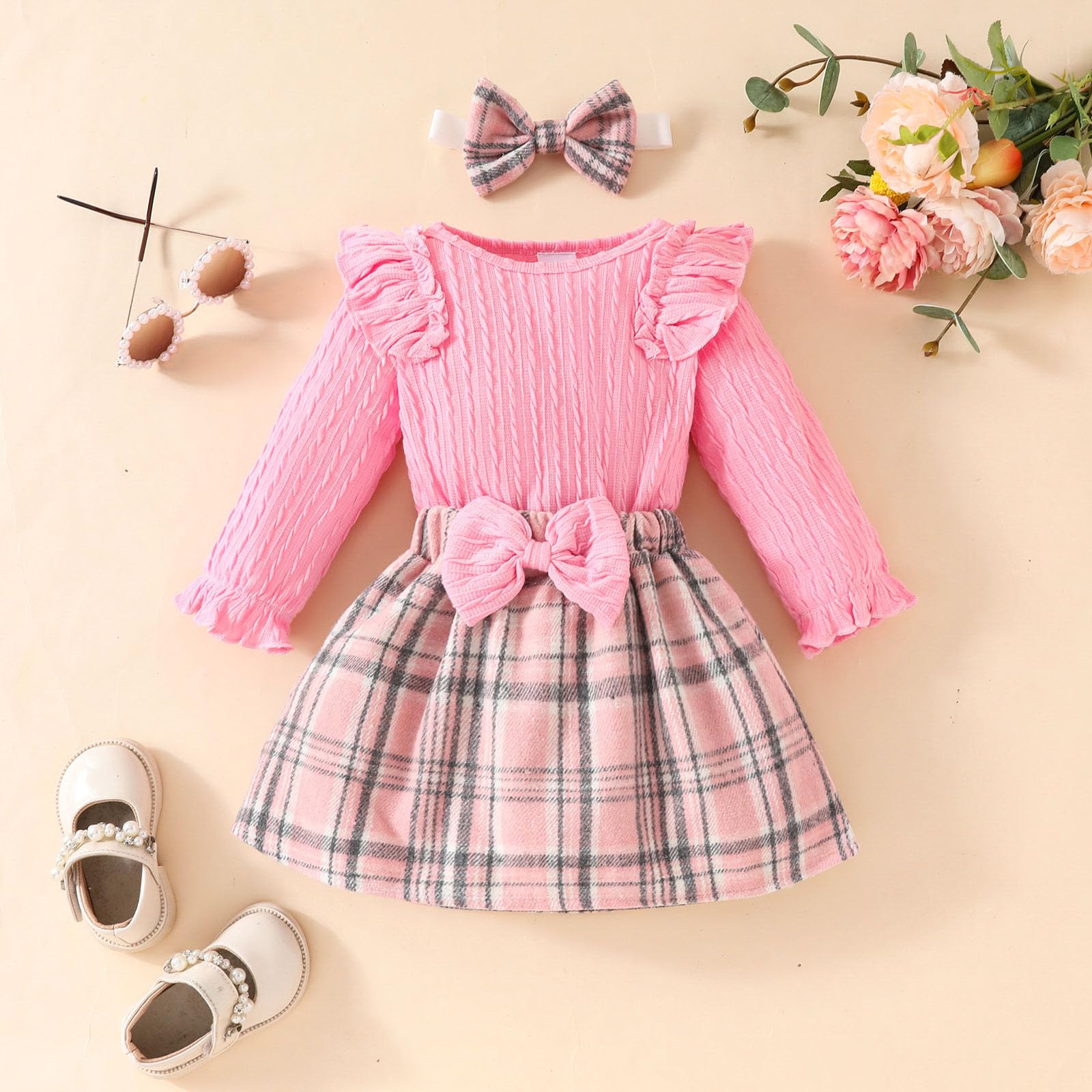 Generisch Survêtement pour enfant fille - Ensemble de sport pour bébé fille - Manches longues - Volants côtelés - Grenouillère - Plaid Bowknot - Jupes