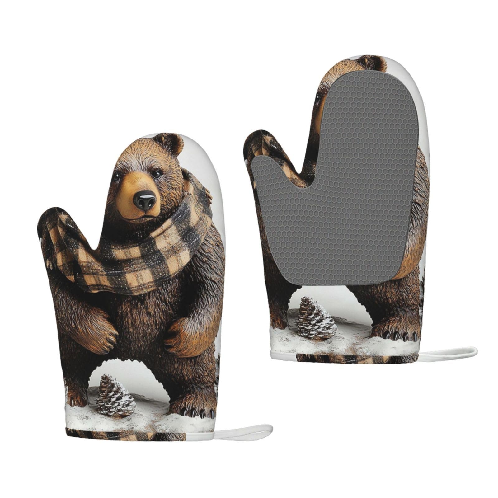 Oven Mitts Sets of 2 Heat Resistant Kitchen Gloves Rustic Lodge Bear Oven Mitts BBQ Oven Gloves Non-Slip Silicone Oven Mitts Waterproof Cooking Safety Gloves for Kitchen Baking Cooking
