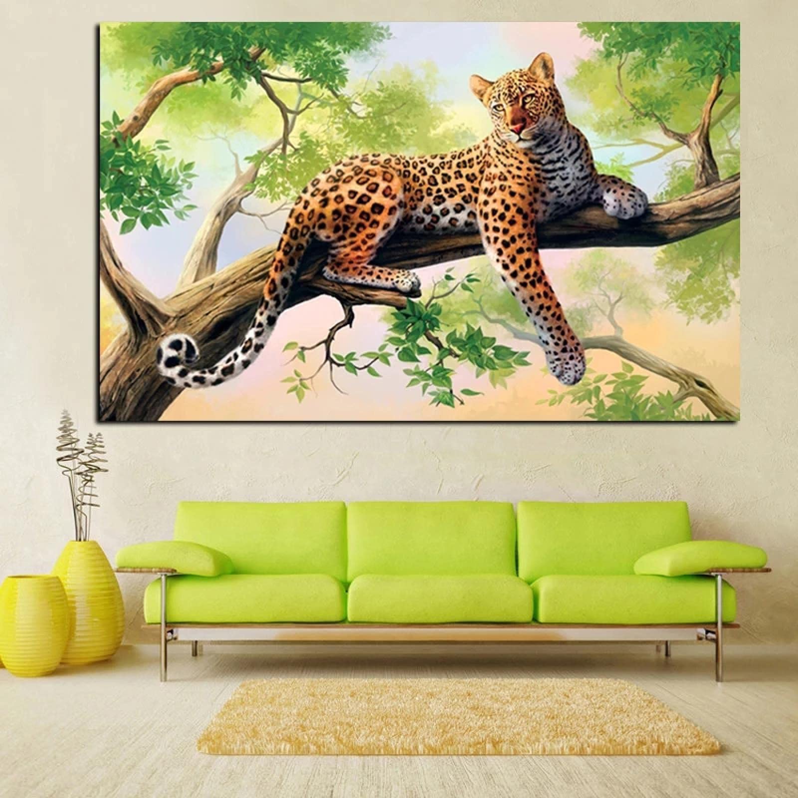 Amazon.co.jp: HDプリントウォールアート動物ヒョウ風景油絵キャンバス
