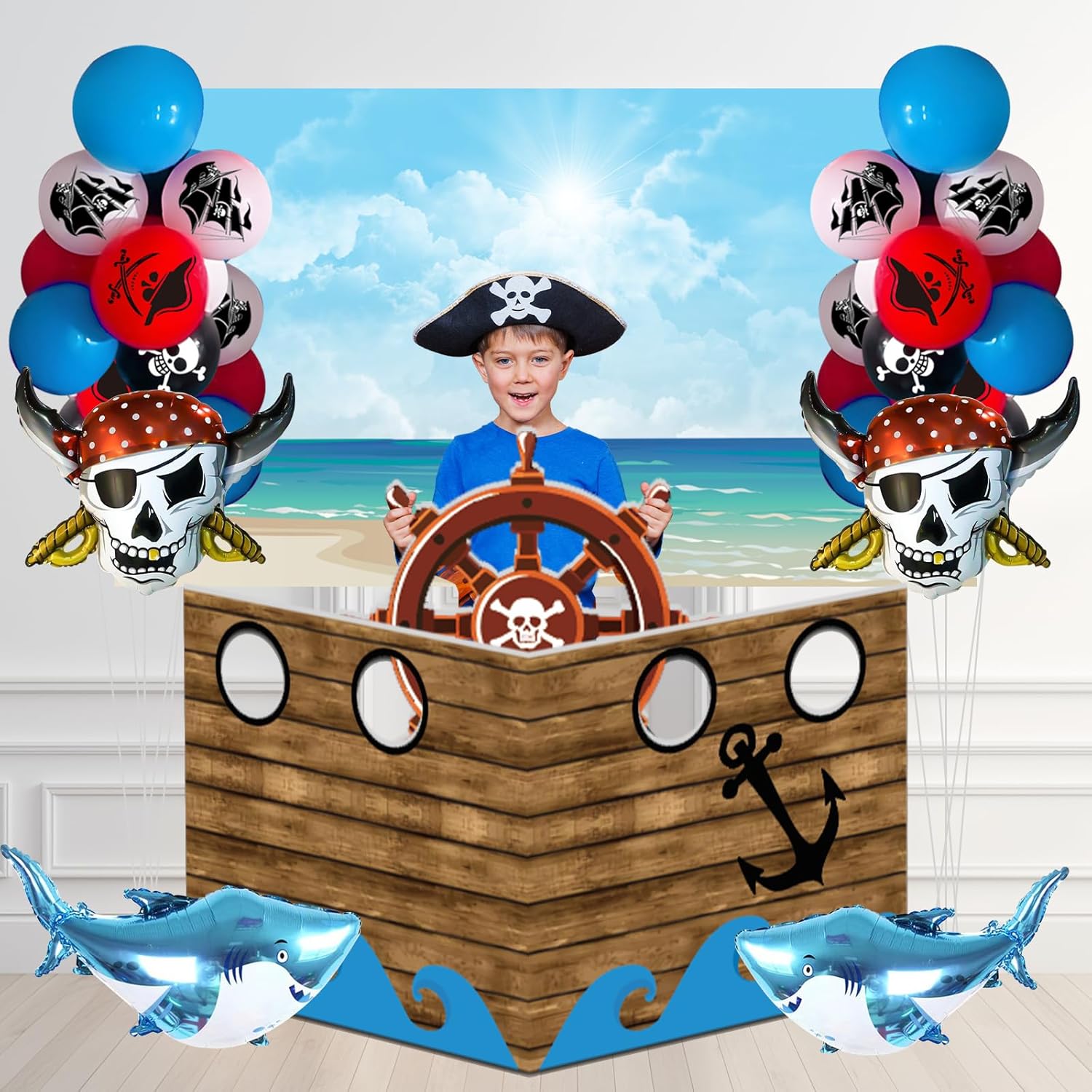 101 Pcs Pirate Ship Party Decorations Kit Include Background Cloth Ship Plank Steering Wheel Cardboard Balloon Photo Props Backdrop for Halloween Pirate Sea Sailing Theme Trunk or Treat Birthday Party
