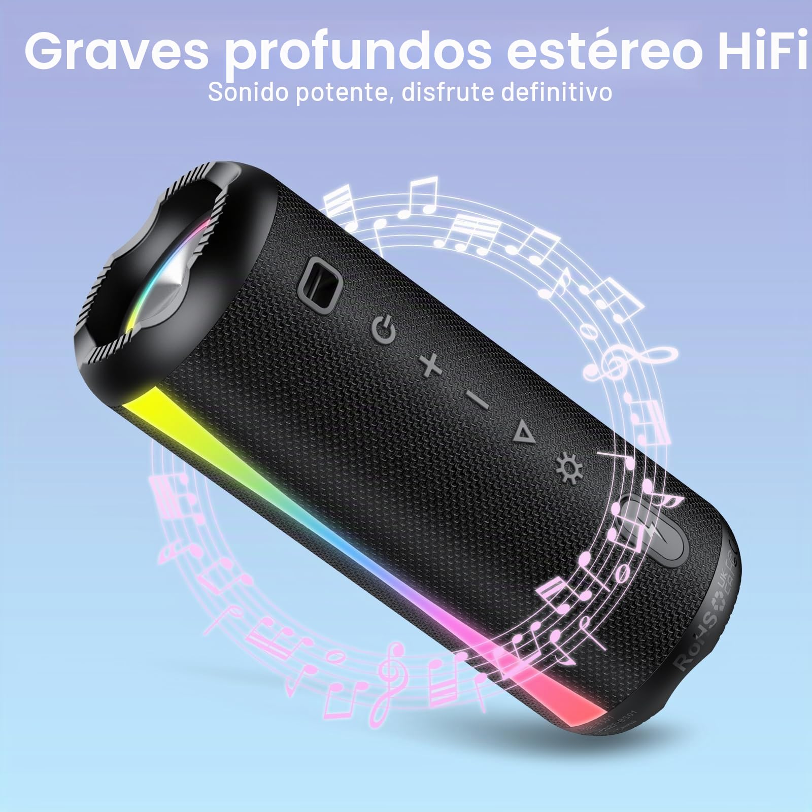 Altavoz Bluetooth 5.4, 20w Altavoz Bluetooth Potente Con Micrófono HD, 360° Sonido Estéreo, 7 Cambios RGB, TWS, 20 H Impermeable IPX7 Speaker Bluetooth Para Viajes/ Deportes/ Fiestas/ Ciclismo, Negro