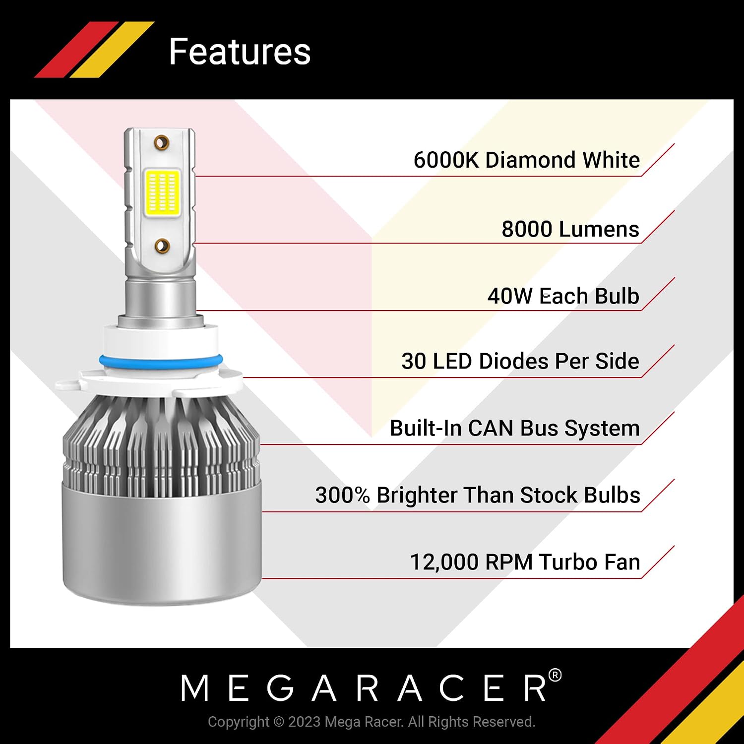 Mega Racer 9005 9006 LED Headlight Bulbs Combo - 6000K Diamond White, 12V 40W 8000 Lumens, LED Chips, IP68 Waterproof Rated, Automotive Replacement Bulb for Low Beam & High Beam, Pack of 4